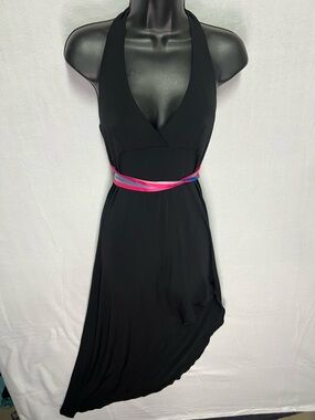 Fredericks of Hollywood Black Halter Dress Asymmetrical Hem Ribbon Tie Size S